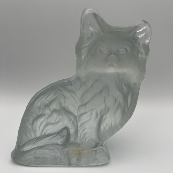 SOLD Viking Glass Frosted Cat Figurine 5 in Art Glass Original Sticker Bookend - Picture 8 of 10